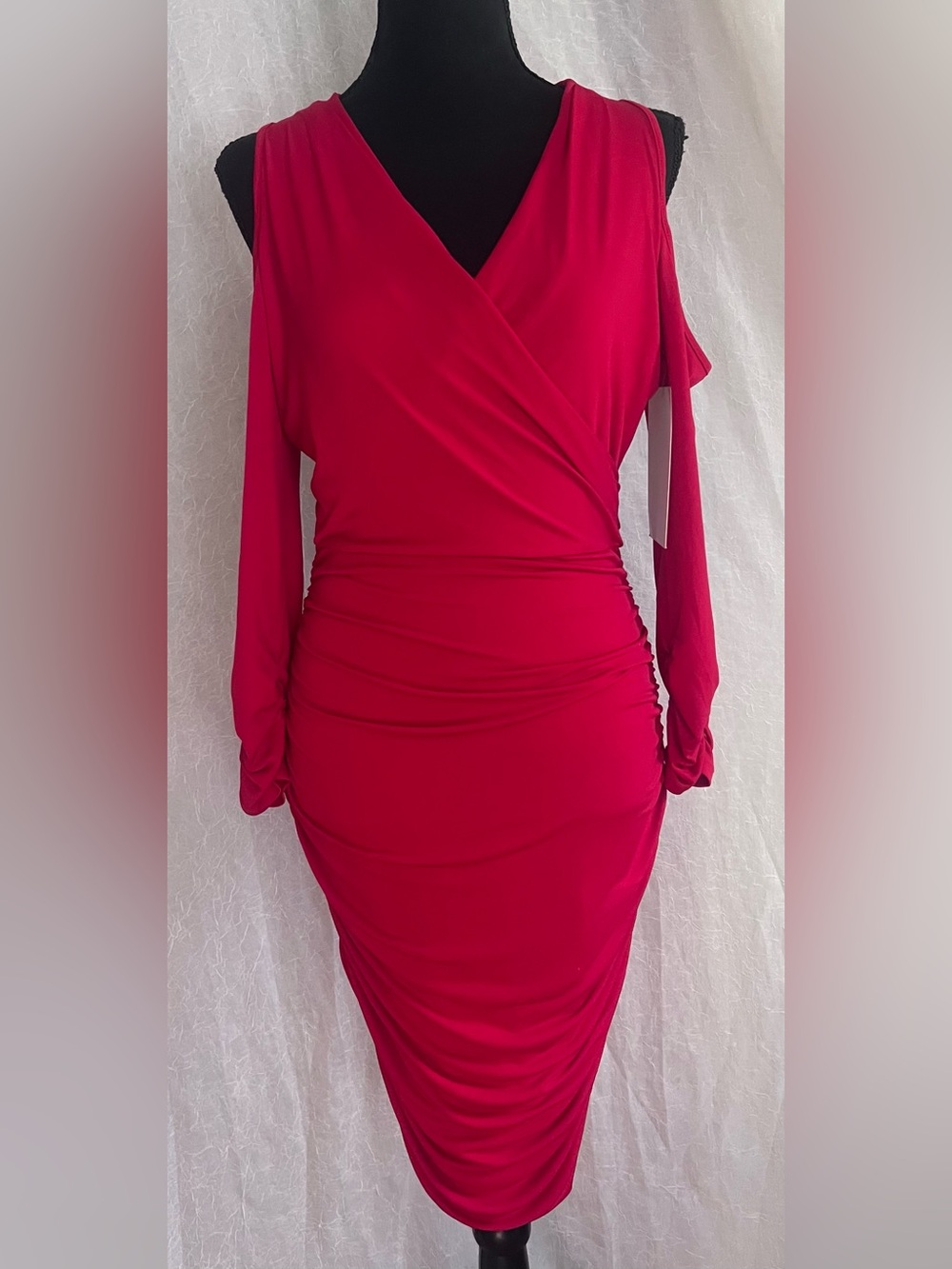 Boston Proper vibrant red Cold-Shoulder Ruched Wrap Dress